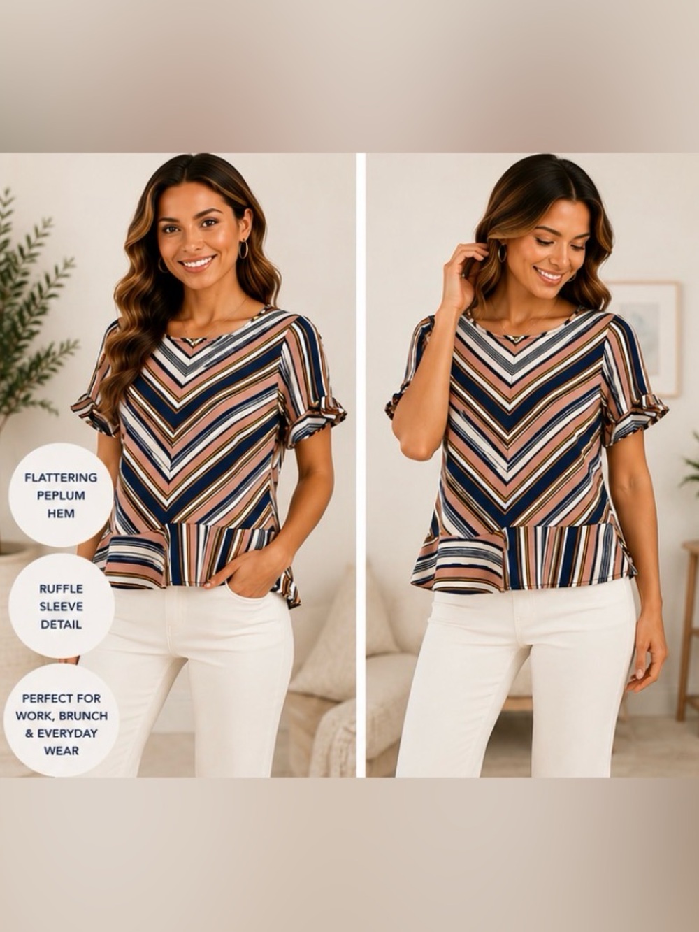 596 Monteau Chevron Stripe Peplum Blouse Navy Blush Mustard Ruffle Top Medium